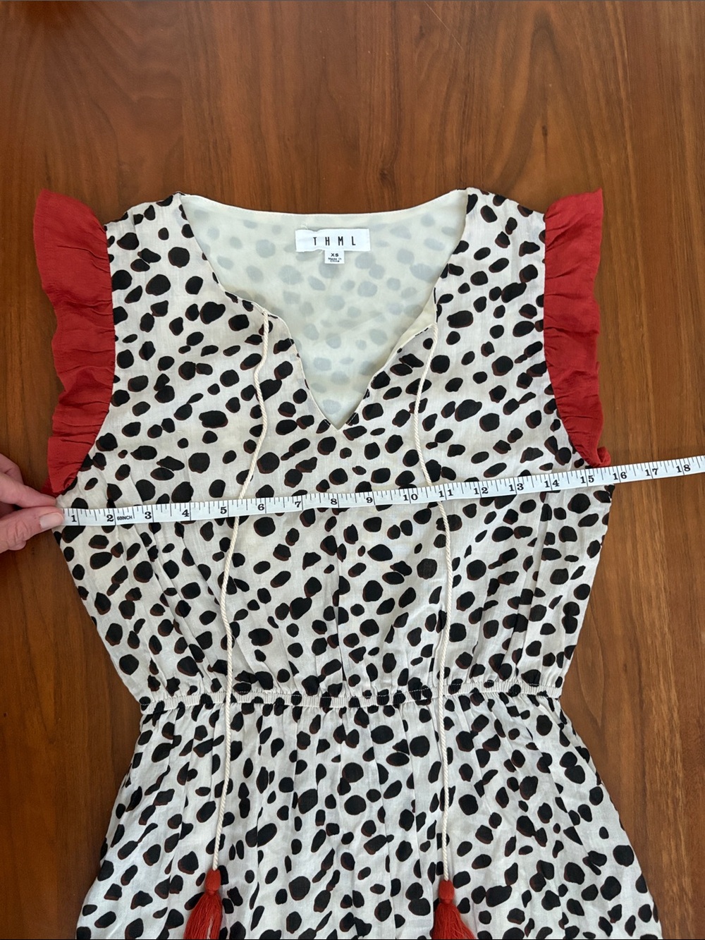 THML Boutique Dalmatian Print Midi Dress with Red Ruffle Trim Tassel Tie Size XS - Picture 5 of 9